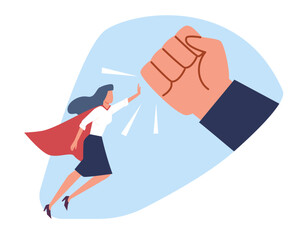 Fototapeta na wymiar Strong woman stops man fist and protests against domestic violence and abuse of women. Flying hero in flowing cape and suit. Fight for rights. Cartoon flat style isolated vector concept