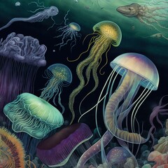 Glowing Jellyfish in the Sea. Generative AI illustration