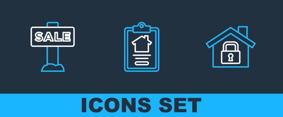 Set line House under protection, Hanging sign with Sale and contract icon. Vector