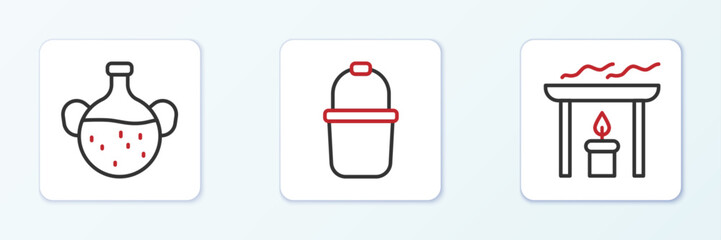 Set line Aroma candle, Essential oil bottle and Sauna bucket icon. Vector