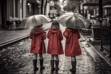 Red Rain Macs Stand Out in Black and White Photo of Three Young Girls Generative AI
