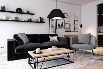 cozy living room with modern furniture and a coffee table. Generative AI