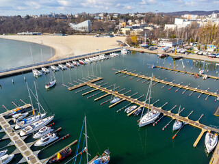Aerial view landscape Poland Gdynia. Port with sailing boats , marina, view of beach and sea. Photo...