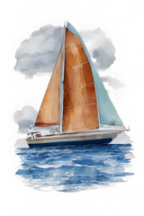 Watercolor painting of a classic sailboat illustration in the sea. minimalist art in soft pastel colors. suitable for illustration fantasy storybooks. generative AI.