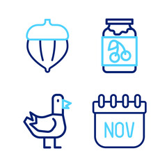 Set line November calendar autumn, Dove, Jam jar and Acorn icon. Vector