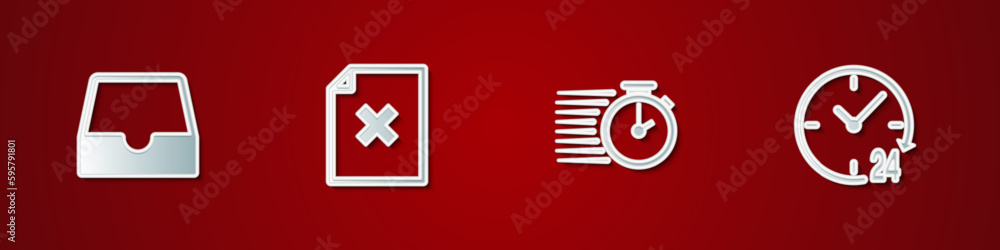 Poster set social media inbox, delete file document, stopwatch and clock 24 hours icon. vector