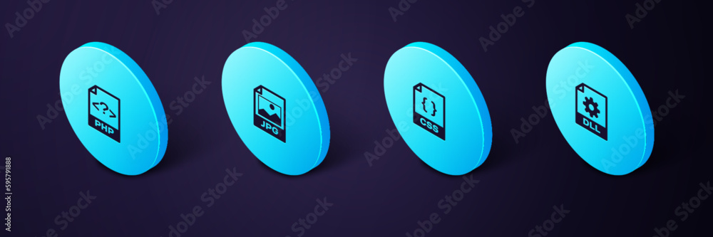 Aufkleber set isometric dll file document, css, jpg and php icon. vector