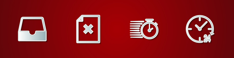 Obraz premium Set Social media inbox, Delete file document, Stopwatch and Clock 24 hours icon. Vector