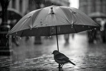 Small Bird Under Umbrella, Rainy Day Solace, Monochrome Charm, Generative AI