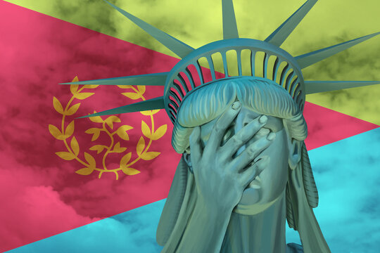 Statue of Liberty. Facepalm emoji on background in colors of Eritrea flag