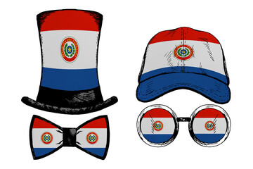Head accessories. Patriotic clip art set in colors of national flag on white background. Paraguay