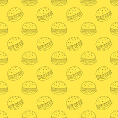 Fast food seamless pattern. Tasty cheeseburger wallpaper. Hamburger textile paper for menu and packaging