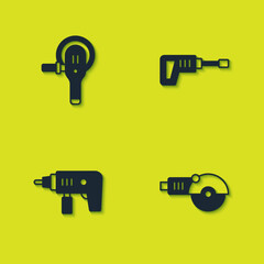 Set Angle grinder, , Electric drill machine and Rotary hammer icon. Vector