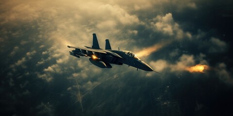 Military fighter jet crosses over a target bombing location during a special operation. View of a fighter jet above the clouds. Generative AI - obrazy, fototapety, plakaty