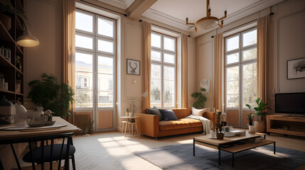 Fototapeta premium Stunning Afternoon Shot Showcases Spacious and Inviting Apartment with Modern Amenities.