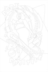 Vector illustration in black outline with a plump woman in a tracksuit and with stars balls and feathers with a ribbon for rhythmic gymnastics and with the inscription body positive