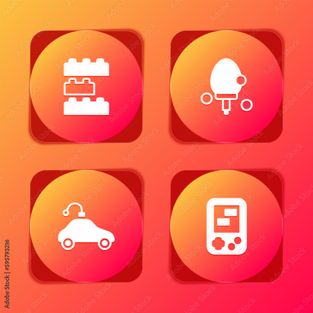 Poster set toy building block bricks, racket, radio controlled car toy and tetris electronic game icon. vec