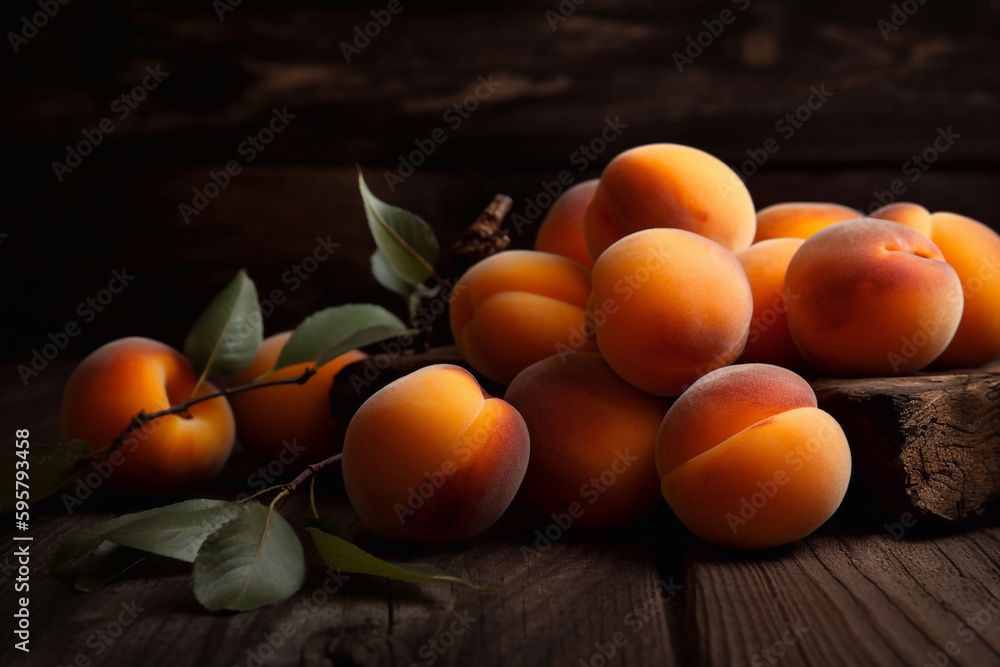 Poster Ripe apricots on the table. AI Generated