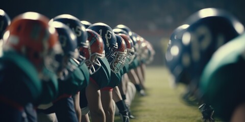 American football players ready to start match on modern field at night. Match of american football. Teams Ready: professional players, aggressive face-off, ready for pushing, tackling. Generative AI