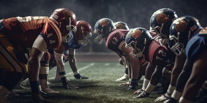 American football players ready to start match on modern field at night. Match of american football. Teams Ready: professional players, aggressive face-off, ready for pushing, tackling. Generative AI