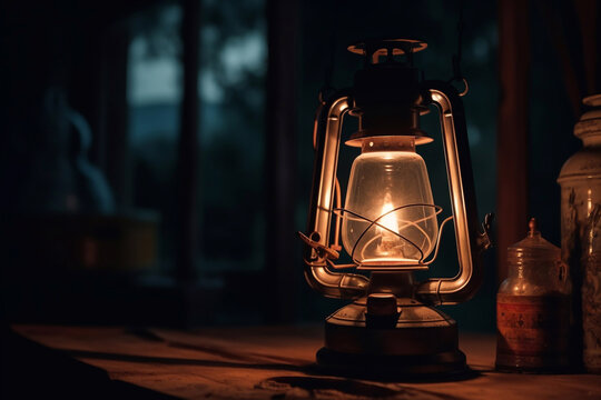Old kerosene lamp at night. AI Generated