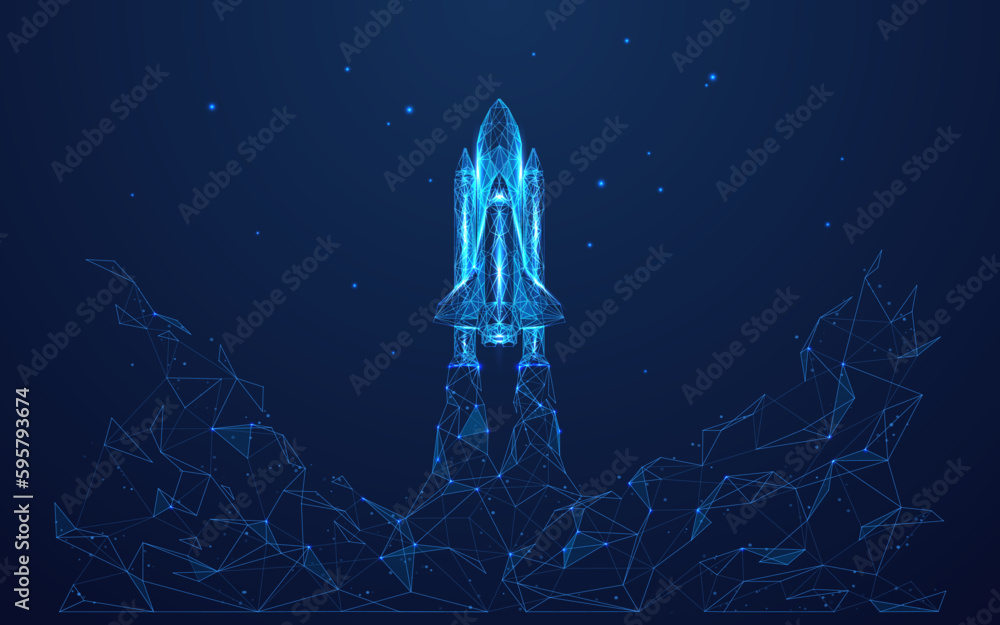 Fototapete abstract space shuttle launches into space. glowing rocket and smoke under it. digital start-up and 