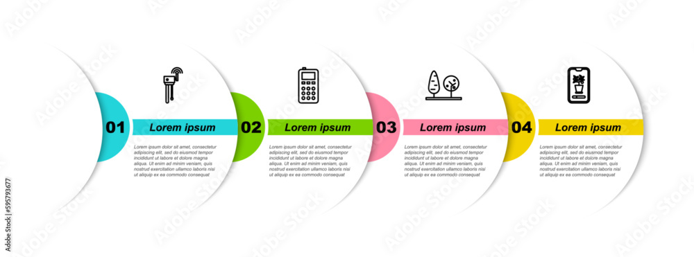 Poster set line router and wi-fi signal, remote control, trees and smart farming system. business infograph