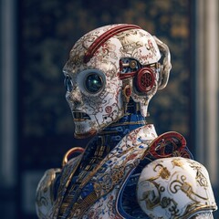 Obraz premium Robot made creative pattern on white background. Abstract decorative pattern. Education concept. Abstract modern digital background. Abstract artistic background. Creative design.