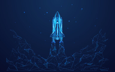 Abstract space shuttle launches into space. Glowing rocket and smoke under it. Digital start-up and success concept. Low poly wireframe 3D vector illustration in technology blue on a dark background.  © AntonKhrupinArt