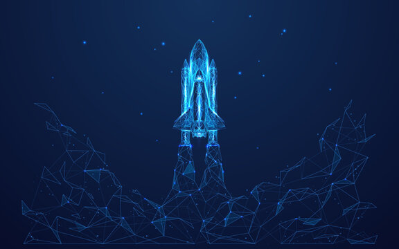 Abstract space shuttle launches into space. Glowing rocket and smoke under it. Digital start-up and success concept. Low poly wireframe 3D vector illustration in technology blue on a dark background. 