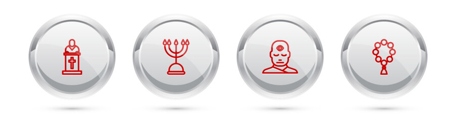 Set line Church pastor preaching, Hanukkah menorah, Man with third eye and Rosary beads religion. Silver circle button. Vector