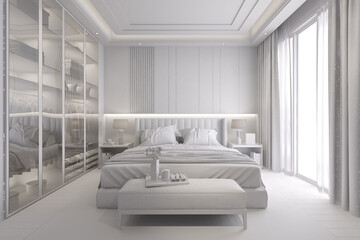Modern bedroom in white color. Scandinavian interior design. 3D rendering
