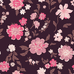 Seamless floral pattern with pink and pale pink peonies on a maroon background, handmade.