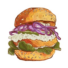 Vegetarian food. Burger with delicate sauce, fresh herbs, onion and avocado. Isolated on white background