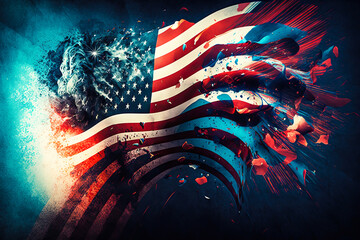 Illustration of flag usa on fireworks background in clouds for Independence Day. Symbol of America