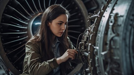 Obraz na płótnie Canvas Generative AI, female aerospace engineers inspecting airplane engines