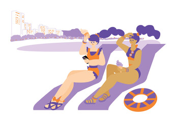  travel_bikini_girls_beach:旅行・ビーチを楽しむ水着の女性_シンプルでお洒落なイラスト