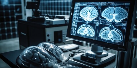 Examination of the brain on a large monitor. Clinical study of brain diseases. Concept of scientific research in medicine. X-ray examination of the brain. Science, Medical technology.  Generative AI