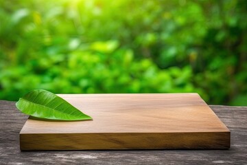 wooden cutting board with a green leaf on it, perfect for food preparation and presentation. Generative AI