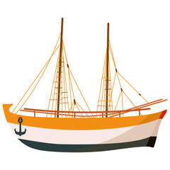 Sailing ship with lowered sails on a white background. Antique nautical element. Vector illustration.

