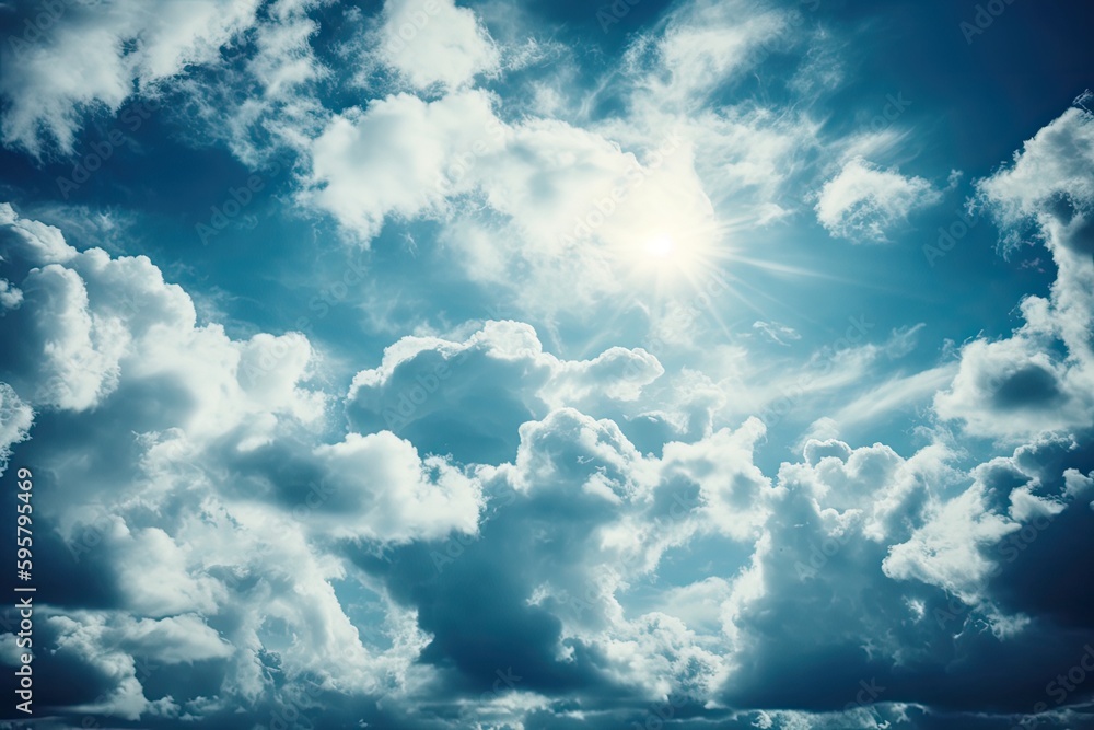 Poster sun rays breaking through fluffy white clouds in the sky. generative ai