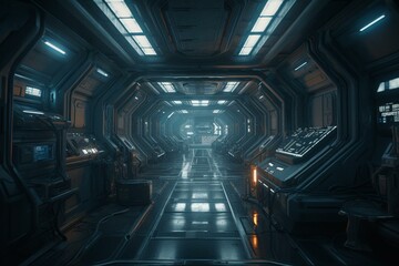 Rendering of sci-fi spaceship interior with blue light in the corridors. Generative AI