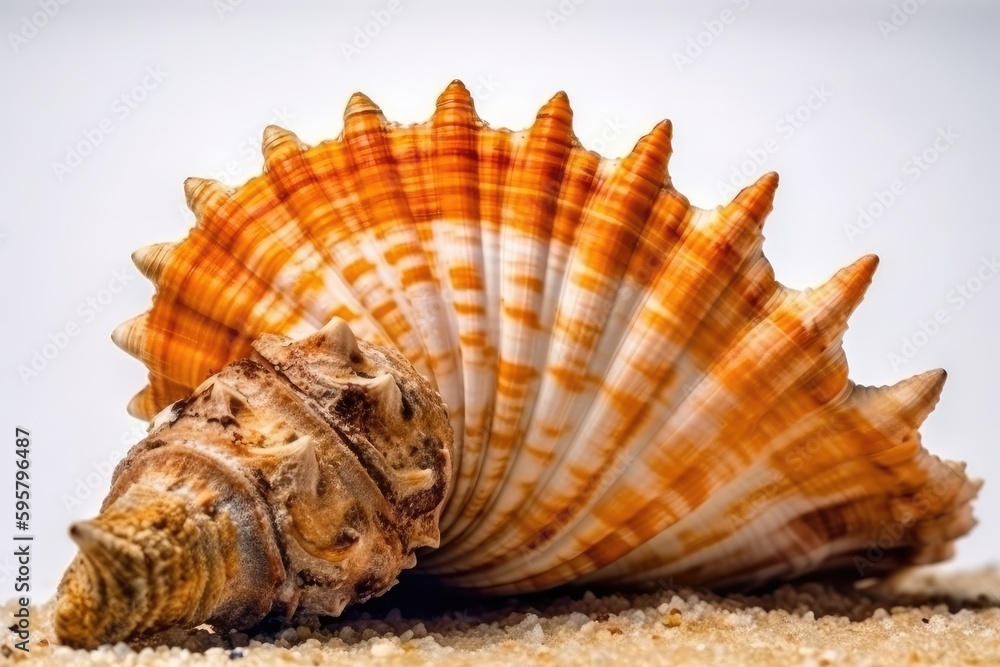 Poster close-up view of a seashell on a sandy beach. generative ai
