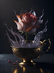  A rose flower. Its petals spread out in a golden cup filled with bright splashes of water made with Generative AI.