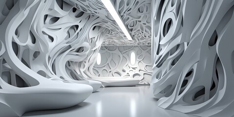 Beautiful abstract architecture background. 3D white intricate room. Modern geometric wallpaper. Futuristic design. Abstract of white space architecture. Generative AI