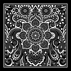 Outline square flower pattern in mehndi style for coloring book page. Antistress for adults and children. Doodle ornament in black and white. Hand draw vector illustration.