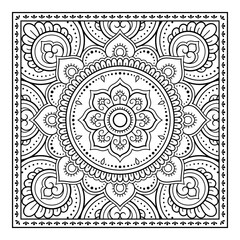 Decorative pattern of flowers and paisley for printing on fabric. Ornament for a bandana, a silk neckerchief, a tablecloth or a kerchief. Square sketch in tribal or oriental style.