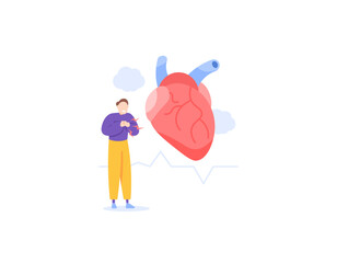 a man who feels chest pain. Symptoms of heart disease or heart attack. illustration of a heart in trouble. health problems. illustration concept design. vector elements