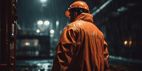 Industrial worker in orange overall and helmet on an oil barge at night. View from the back, rain, stormy weather. Industrial worker of oil and gas process operation in oil drilling rig. Generative AI