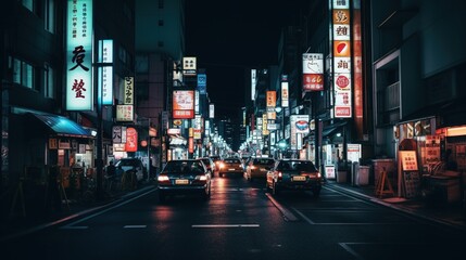 Fototapeta premium Tokyo Japan night city neon lights glowing streets. Generative AI. 